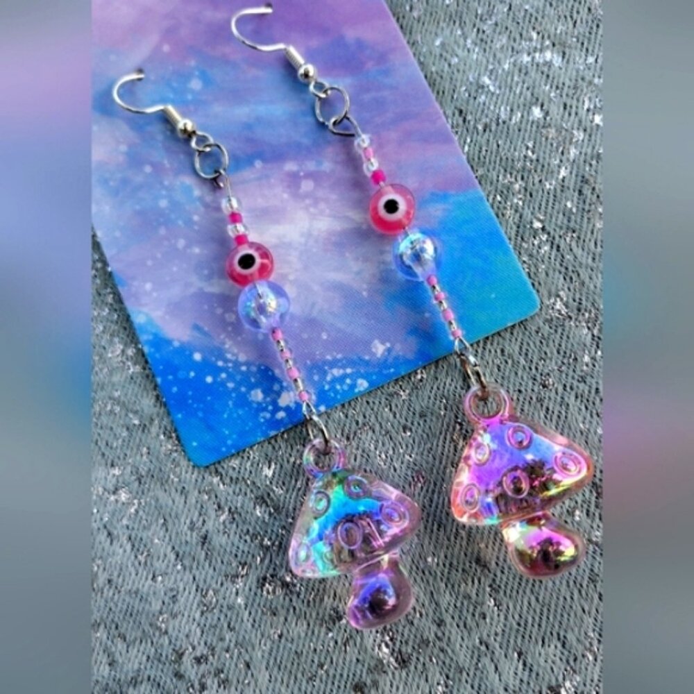Evil eye mushroom beads beaded earrings dangles